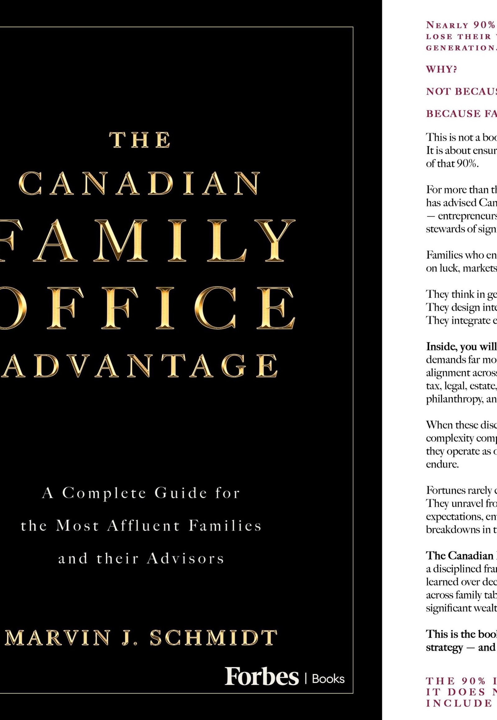 Cover of The Canadian Family Office Advantage by Marvin J. Schmidt, black and gold hardcover with Forbes Books imprint.